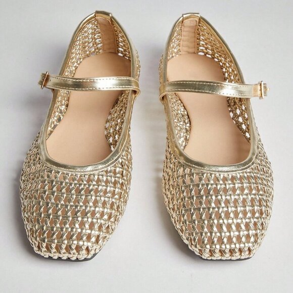 Gold Elegant Womens Woven Pu Square Toe Comfortable Mary Jane Ballet Flats - Picture 7 of 7